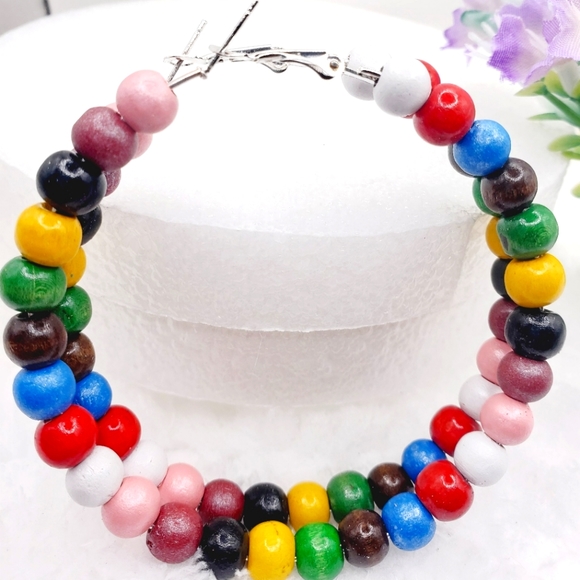 Wooden Hoop Earrings, Multicolor Large Hoop Earrings 2.7 Inch - Picture 2 of 5